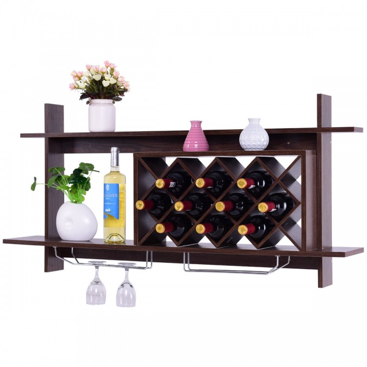 Wall mount wine rack in walnut finish with glass holder, storing up to ten bottles and showcasing decor items.