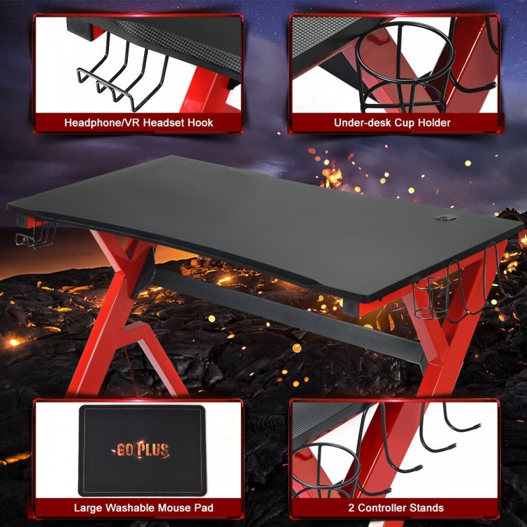 Ergonomic gaming desk with carbon fiber surface, R-shape steel frame, cup holder, and headphone hook for organized.
