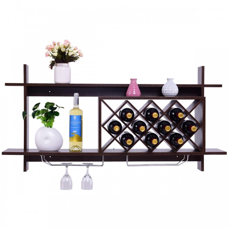 Wall mount wine rack in walnut finish, featuring storage for 10 bottles and glass holder for stylish home decor.