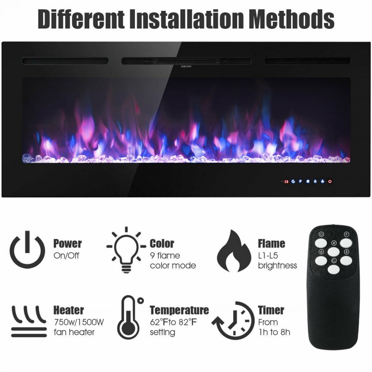 50-inch recessed electric fireplace with adjustable brightness, 9 flame colors, and remote control for cozy warmth.