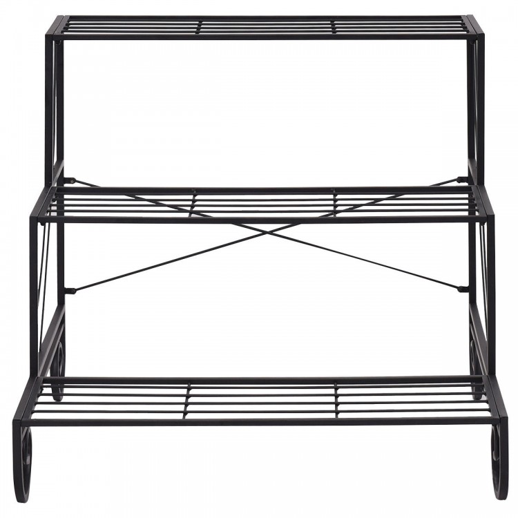 Three-tier outdoor metal garden planter holder shelf in black, featuring durable steel construction for stylish plant.