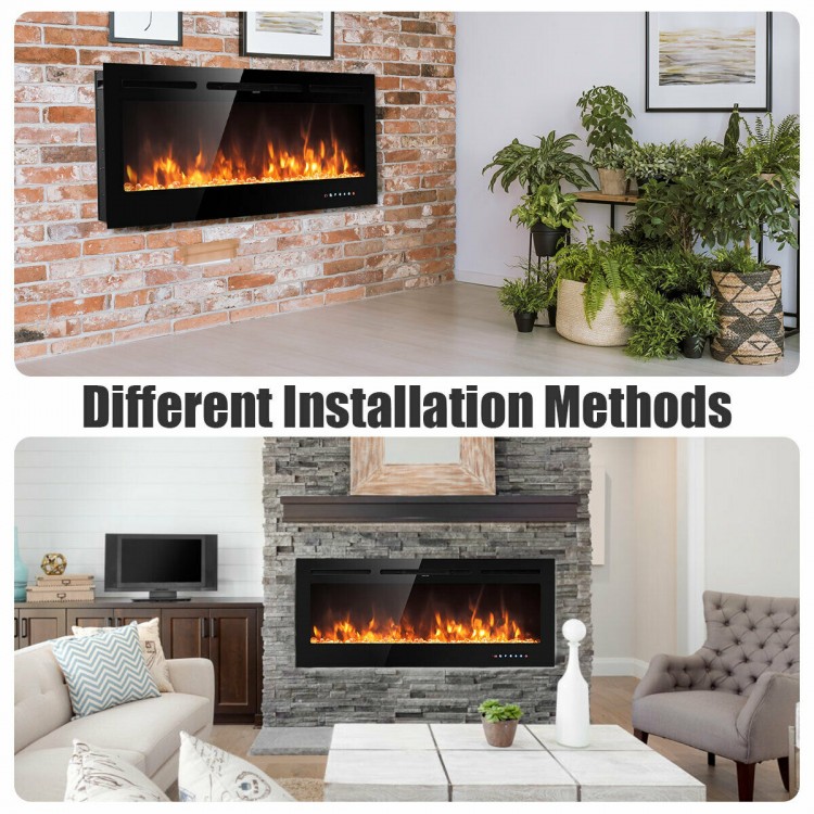 50-inch recessed electric fireplace with adjustable brightness, showcasing two installation methods for versatile home.