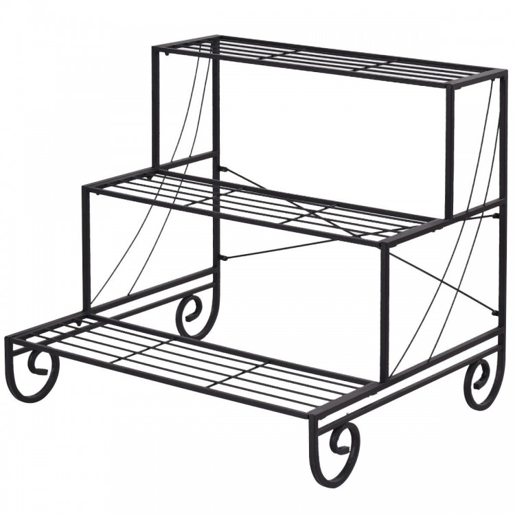 Three-tier outdoor metal garden planter holder shelf in black, featuring a sturdy steel construction for stylish plant.