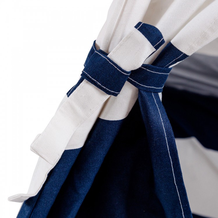 Close-up of the blue and white fabric tie of the 5' portable Indian children's play tent, ideal for indoor and outdoor.