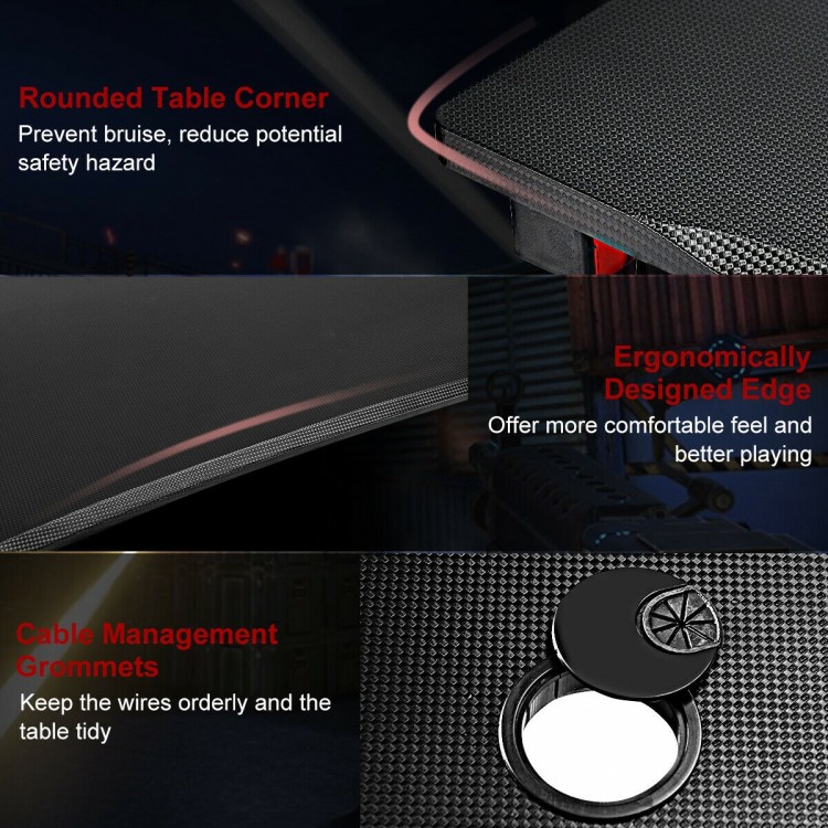 Close-up of the ergonomic gaming desk's rounded corner and cable management grommet, featuring a carbon fiber surface.