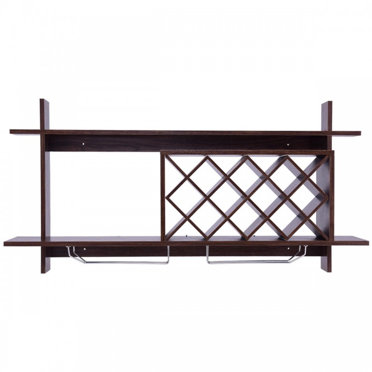 Wall mount wine rack in walnut finish with glass holder, storing up to ten bottles and showcasing decorative items.