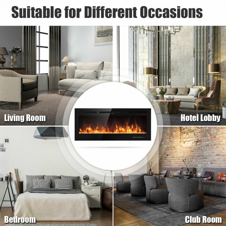 50-inch recessed electric fireplace with adjustable brightness, showcasing realistic flames for cozy living spaces.