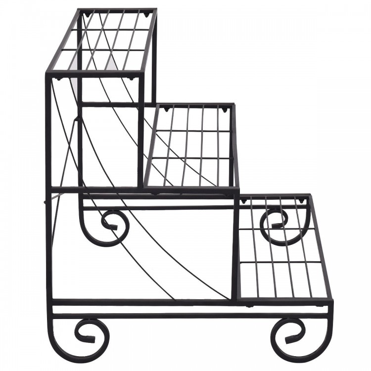 Three-tier outdoor metal garden planter holder shelf in black, featuring a decorative scrollwork design for stylish.