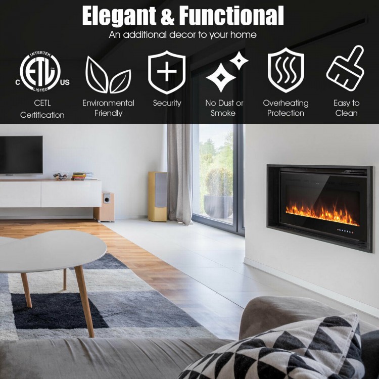 Wall-mounted electric fireplace with adjustable brightness, 9 flame colors, and overheat protection for safety and.