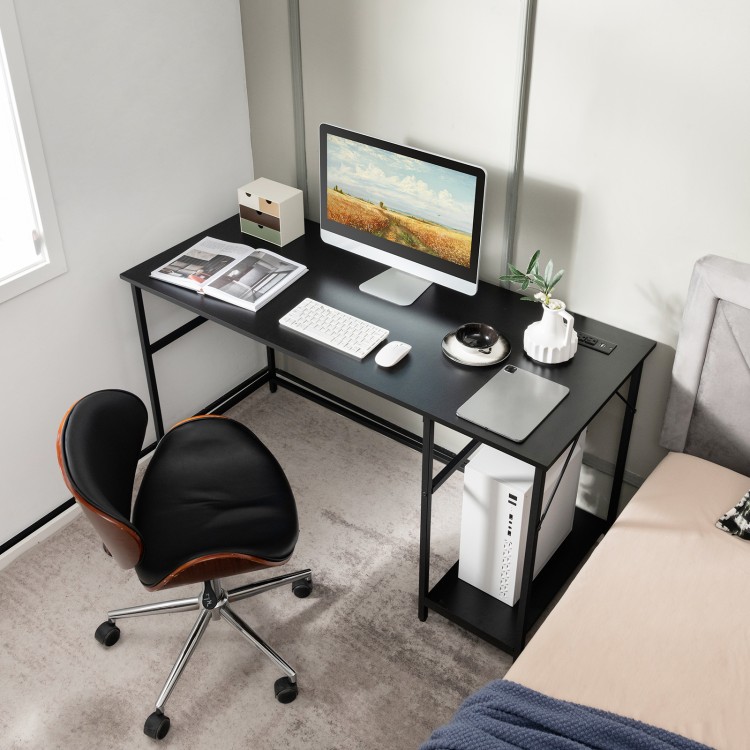 Black 55-inch computer desk with power outlets, under-desk storage, and CPU stand, ideal for home office use.