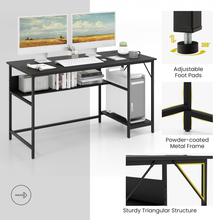 55-inch black computer desk with adjustable foot pads, sturdy triangular structure, and under-desk storage for office.