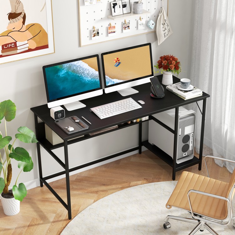 55-inch black computer desk with dual monitors, recessed charging station, and under-desk storage for organized.