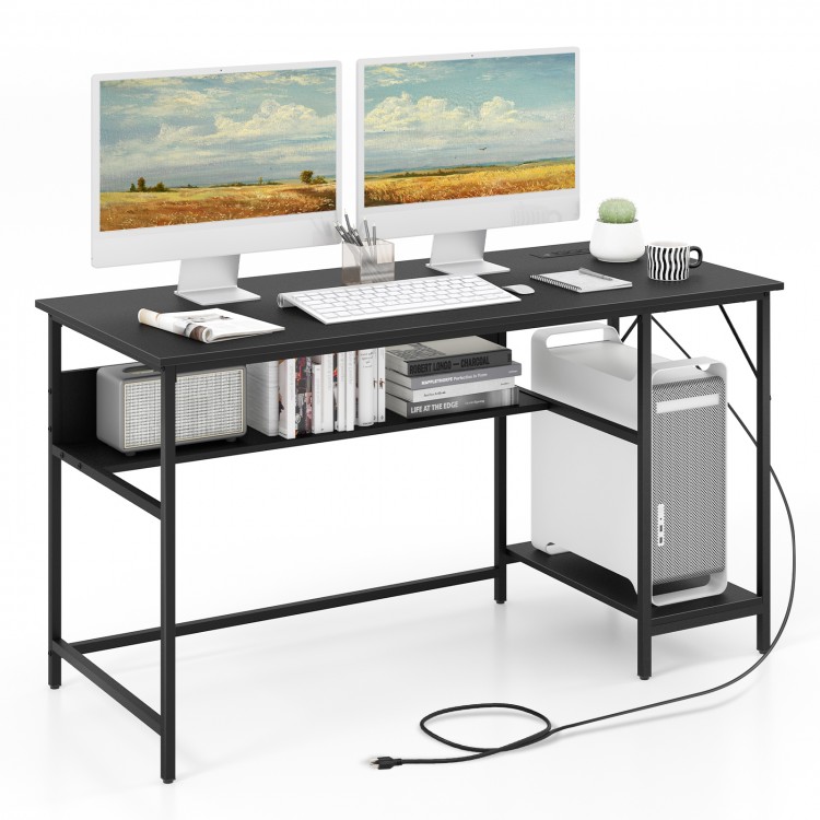55-inch black computer desk with dual monitors, under-desk storage, and CPU stand, ideal for home or office use.