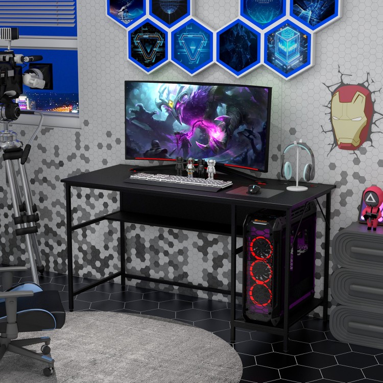Black 55-inch computer desk with power outlets, under-desk shelf, and CPU stand, ideal for gaming and office use.