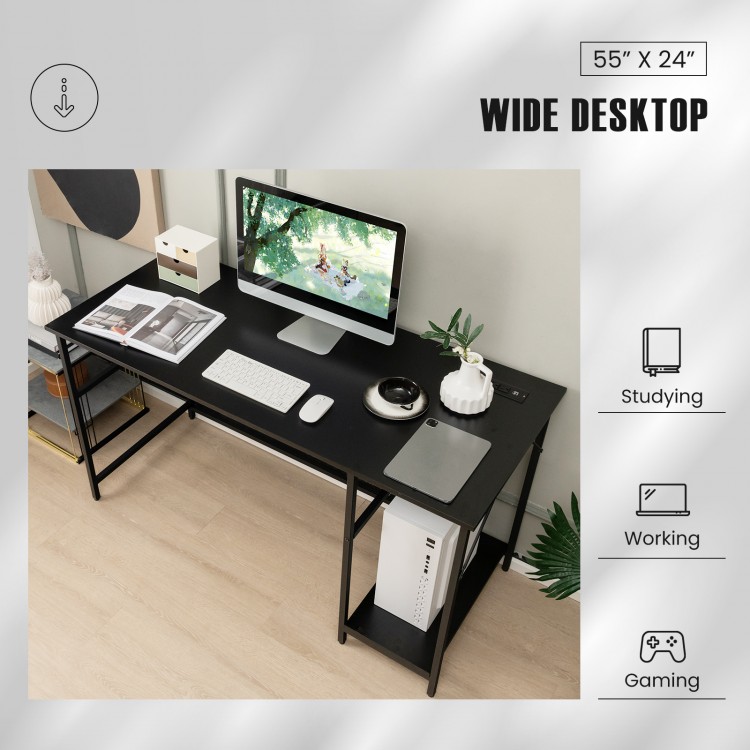 Wide black computer desk with 4 power outlets, under-desk storage, and sturdy metal frame for studying or gaming.