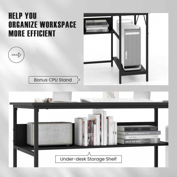 55-inch black computer desk featuring an under-desk storage shelf and a CPU stand for efficient workspace organization.