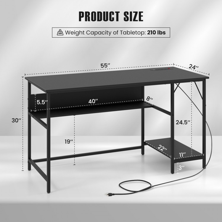 55-inch black computer desk with power outlets, under-desk shelf, and sturdy metal frame for home or office use.