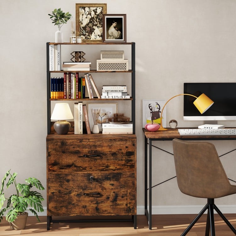 Rustic brown lateral file cabinet with lock and upper bookshelf, featuring a vintage industrial style for home or.