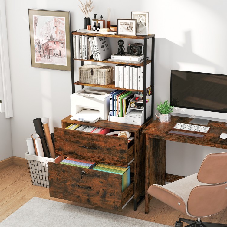 Side view of the rustic brown lateral file cabinet with lock and upper bookshelf, showcasing its industrial design and.
