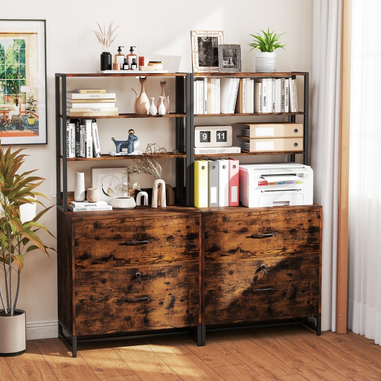 Rustic brown lateral file cabinet with lock and 4-tier bookshelf, perfect for home or office storage and organization.