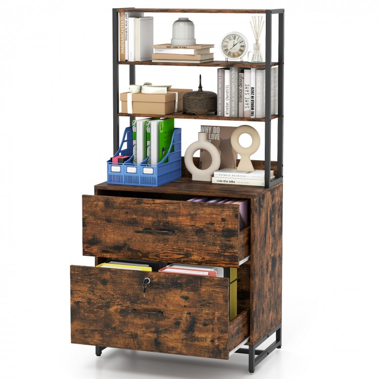 Rustic brown lateral file cabinet with lock, featuring a 4-tier bookshelf and two spacious drawers for office storage.