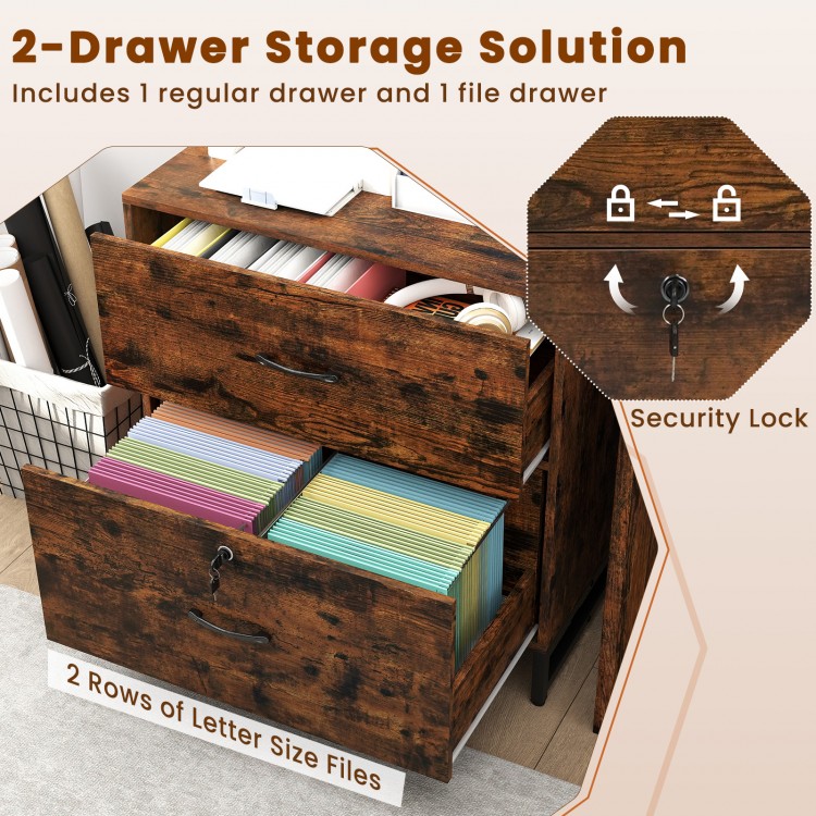 Lateral file cabinet in rustic brown with lockable file drawer for letter-size documents and upper bookshelf for.