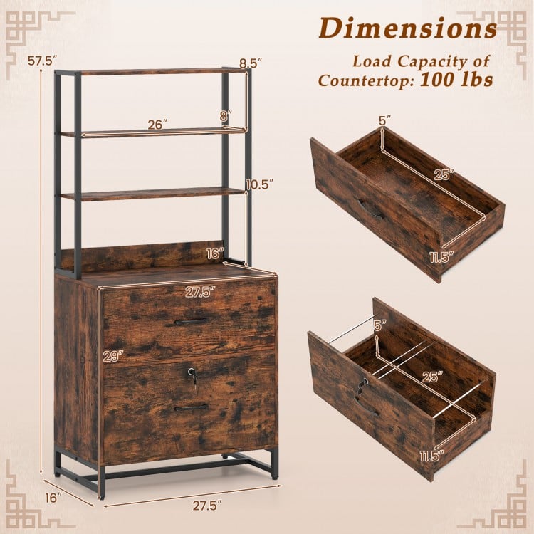 Lateral file cabinet with lock and bookshelf in rustic brown, featuring a steel frame and spacious storage for home or.