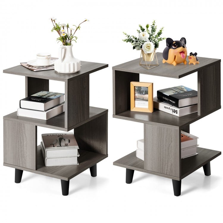 Modern wooden nightstand set with legs, featuring asymmetrical design and large storage space for living room decor.