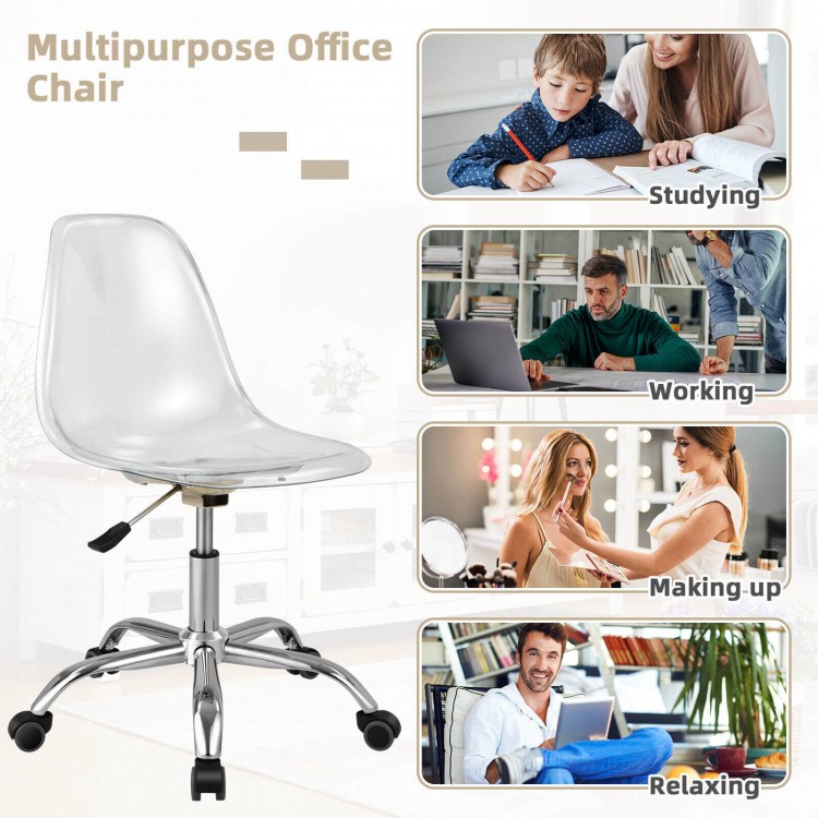 Clear acrylic armless office chair with adjustable height, ergonomic design, and chromed metal base for versatile use.