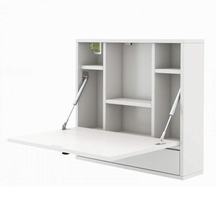 Foldable white wall-mount desk with open shelves and drawer, ideal for small spaces like dorms and studies.