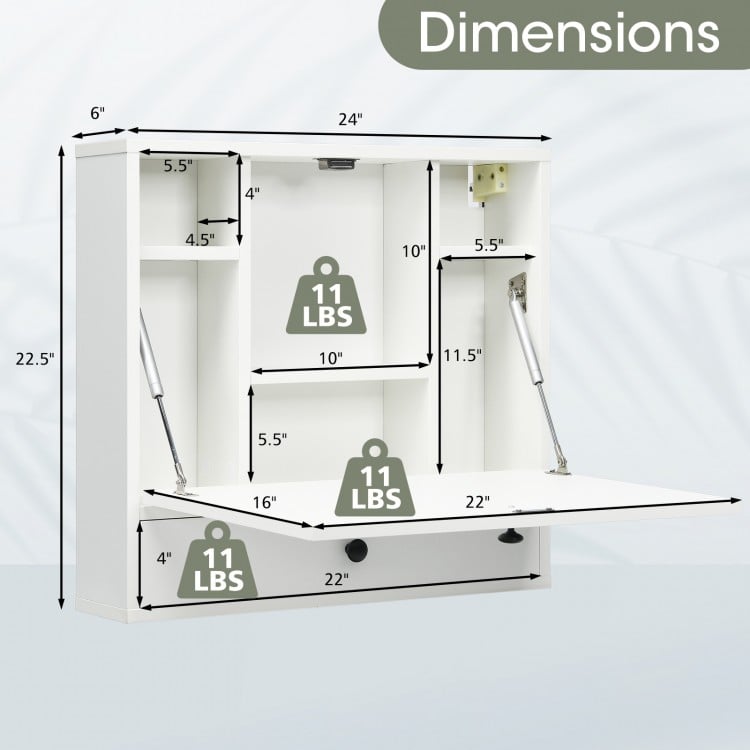 Dimensions of the Wall-Mount Floating Desk, showcasing foldable design and storage features for small spaces.