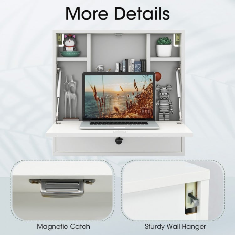 Foldable white wall-mount desk with open shelves, magnetic catch, and sturdy wall hanger for space-saving storage.