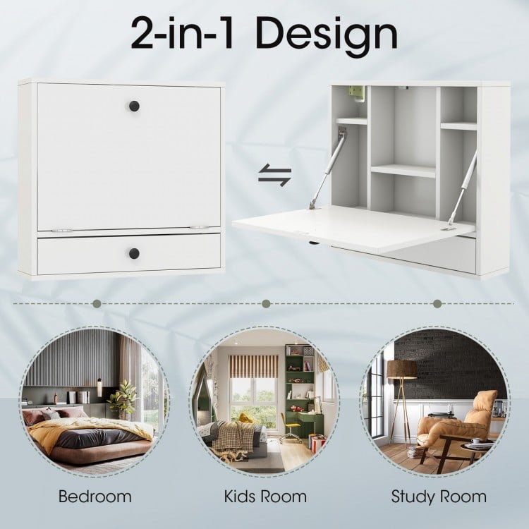 Wall-mount floating desk in white with foldable design, featuring 6 shelves and a drawer, ideal for small spaces.