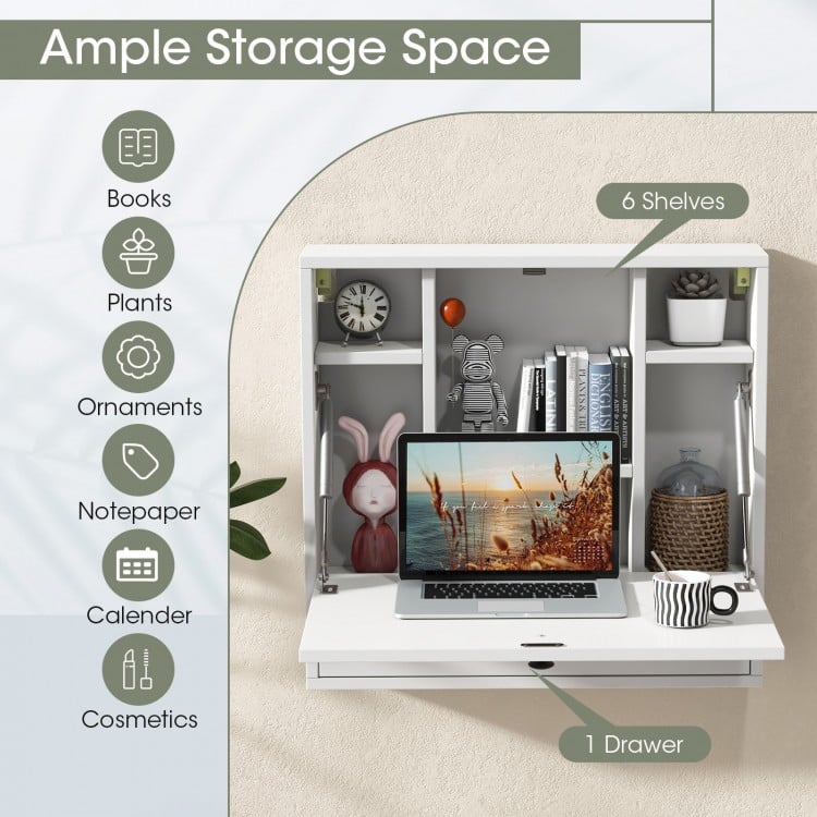 Foldable wall-mount desk in white with 6 shelves and 1 drawer, ideal for small spaces like dorms and studies.