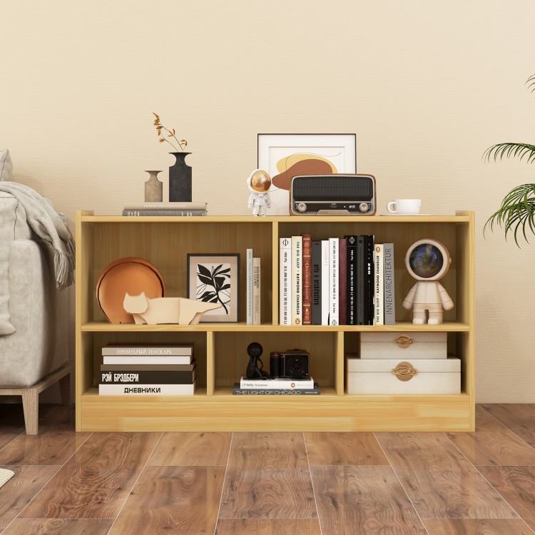 Beige kids' 2-shelf bookcase with a wide top, ideal for displaying favorite items while keeping the room tidy and.