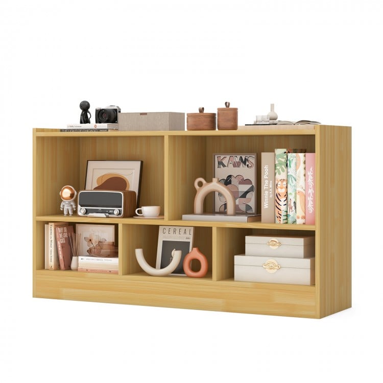 Kids 2-shelf bookcase in beige with 5 compartments for organized toy and book storage, perfect for playrooms and living.