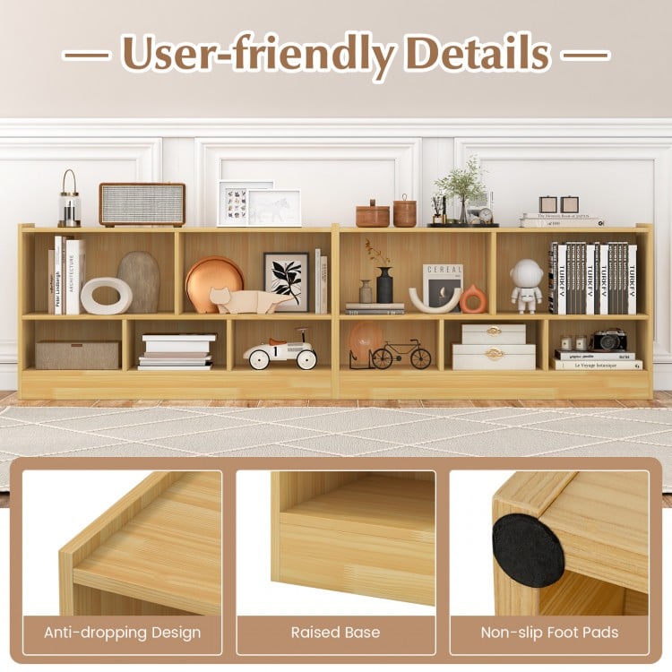 Kids 2-shelf bookcase in beige with five compartments, sturdy design, and non-slip foot pads for organized storage.