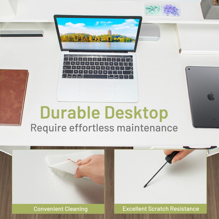 Study laptop table with a white durable desktop, pull-out keyboard tray, and deep drawer for efficient workspace.