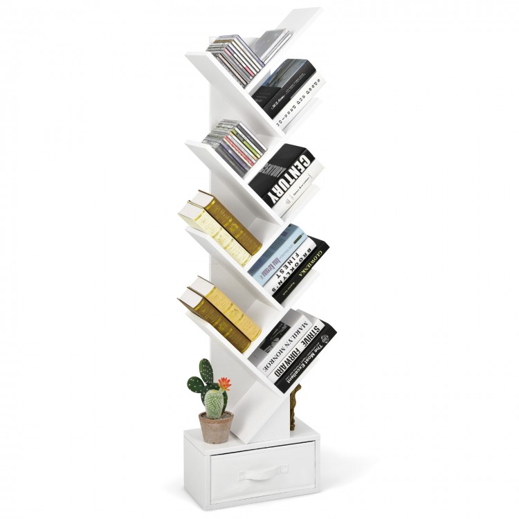 10-tier white tree bookshelf with open shelves and a drawer, ideal for corner space in living rooms or offices.