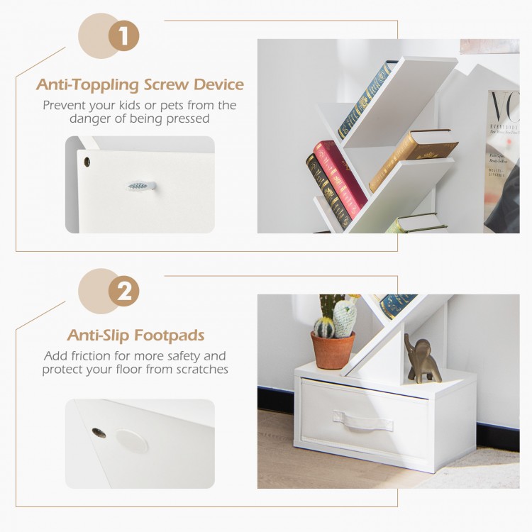 10-tier tree bookshelf with a white finish, featuring anti-toppling screw device and anti-slip footpads for safety.