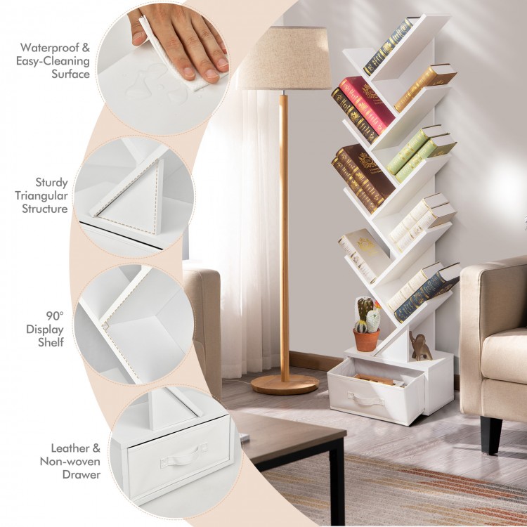 10-tier tree bookshelf in white with a drawer, featuring a triangular design for space-saving and stylish book storage.