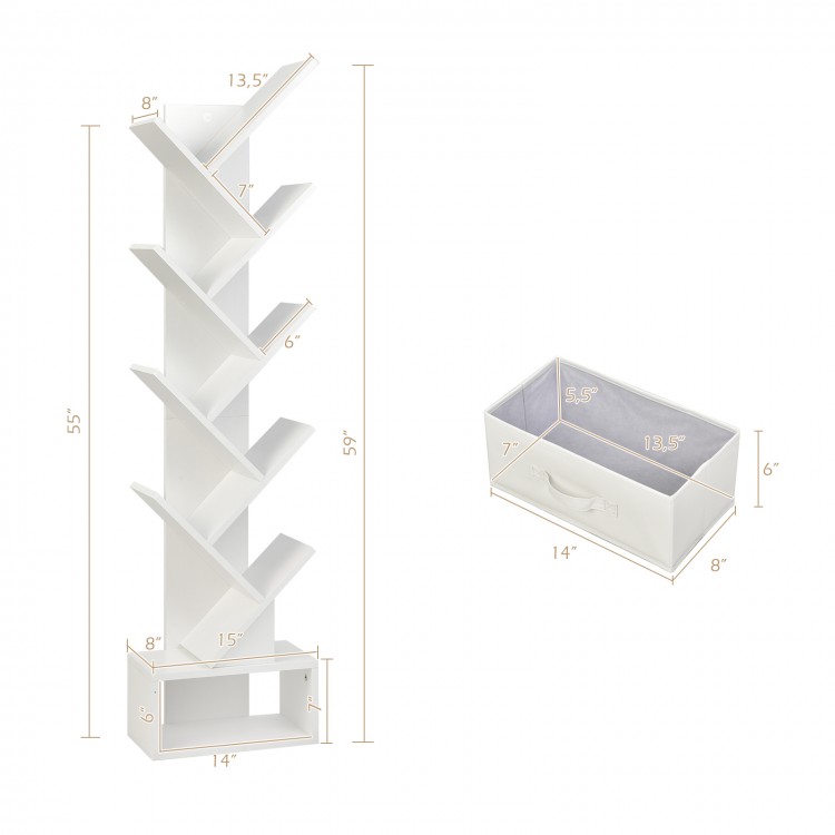 10-tier tree bookshelf in white with open shelves and a folding fabric drawer, ideal for corner space-saving storage.