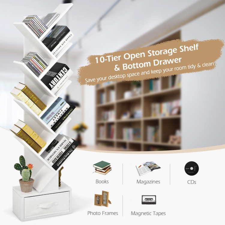 10-tier tree bookshelf in white with a bottom drawer, ideal for organizing books and saving space in any room.