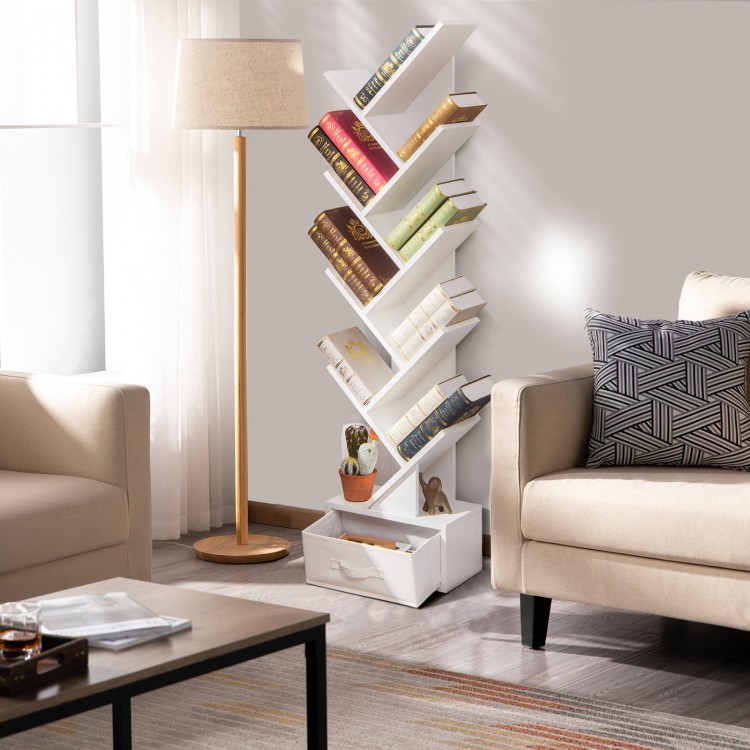 Tree-shaped 10-tier bookshelf in white with open shelves and a drawer, ideal for corner storage in living rooms or.