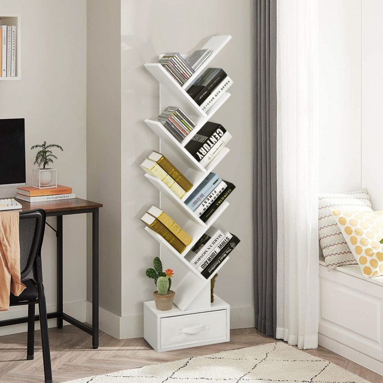 10-tier tree bookshelf in white with a drawer, designed for corner placement and space-saving storage of books.