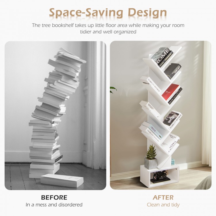 10-tier white tree bookshelf with drawer, showcasing organized book storage and space-saving design for any room.