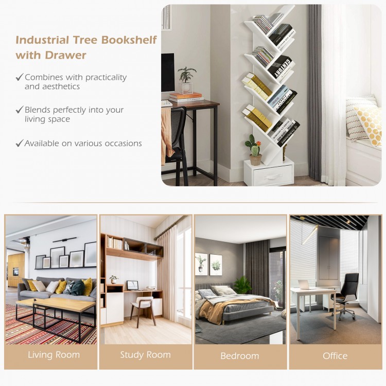 10-tier tree bookshelf in white with a drawer, ideal for corner storage in living rooms, offices, or bedrooms.