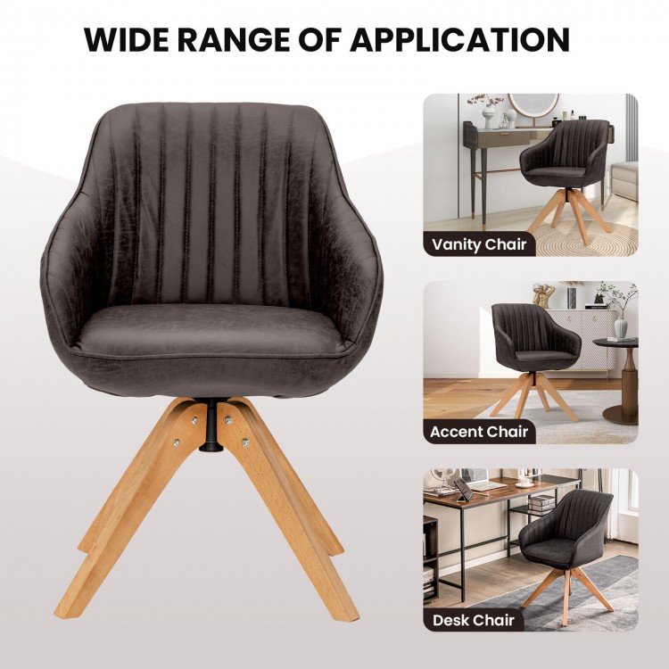 Swivel accent chair in brown leathaire with beech wood legs, ideal for vanity, desk, or dining use.