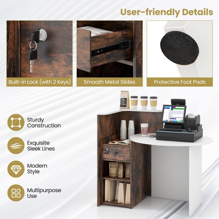 Front reception office desk in rustic brown with lockable drawer, open shelf, and protective foot pads for versatile.