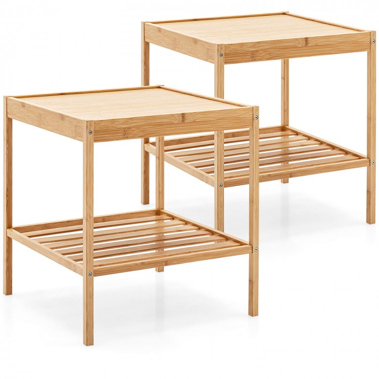 Set of 2 natural bamboo nightstands with 2 tiers, featuring waterproof surfaces and ample storage for small spaces.